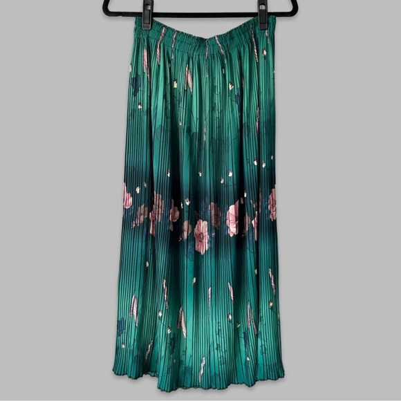 Floral Pattern Pleated Stretchy Midi Maxi Skirt - Picture 1 of 11